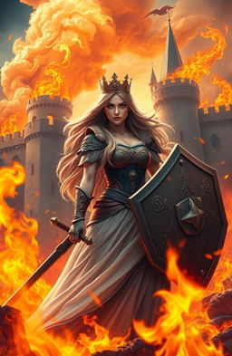 A majestic kingdom engulfed in flames, with a princess standing valiantly at the forefront
