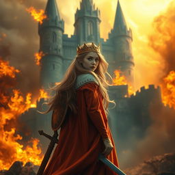 A majestic kingdom engulfed in flames, with a princess looking back over her shoulder in a moment of reflection