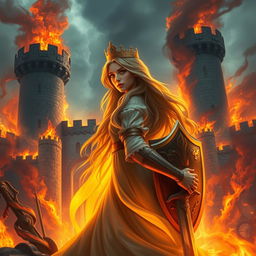 A majestic kingdom engulfed in flames, with a princess looking back over her shoulder in a moment of reflection