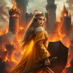 A majestic kingdom engulfed in flames, with a princess looking back over her shoulder in a moment of reflection