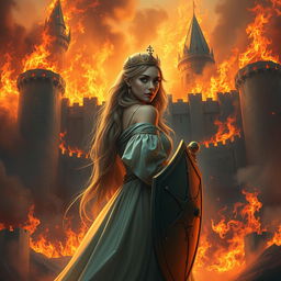 A majestic kingdom engulfed in flames, with a princess looking back over her shoulder in a moment of reflection