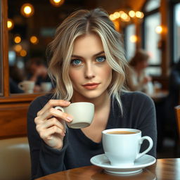 A 27-year-old woman with Russian features, light blonde hair, and captivating blue eyes