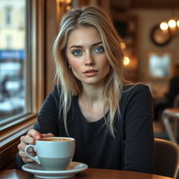 A 27-year-old woman with Russian features, light blonde hair, and captivating blue eyes