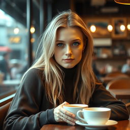 A 27-year-old woman with Russian features, light blonde hair, and captivating blue eyes