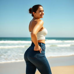A confident woman with a big butt wearing high-waisted, tight-fitting jeans, gazing thoughtfully at the sea