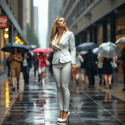 A voluptuous 19-year-old blond girl stands on a busy sidewalk under pouring rain, surrounded by people carrying umbrellas