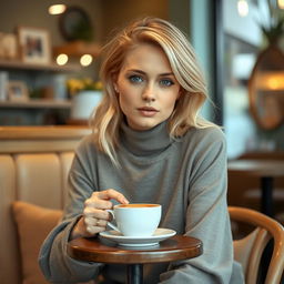 A 27-year-old woman with Russian features, characterized by her light blonde hair and captivating blue eyes