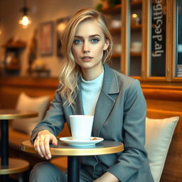A 27-year-old woman with Russian features, characterized by her light blonde hair and captivating blue eyes