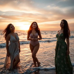 Three women enjoying a serene moment by the sea, embracing their natural beauty and connection to nature