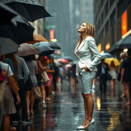 A beautiful, voluptuous 19-year-old blond girl stands on a busy sidewalk during a downpour, where everyone else is sheltered under umbrellas except for her