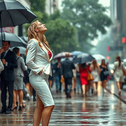 A beautiful, voluptuous 19-year-old blond girl stands on a busy sidewalk during a downpour, where everyone else is sheltered under umbrellas except for her