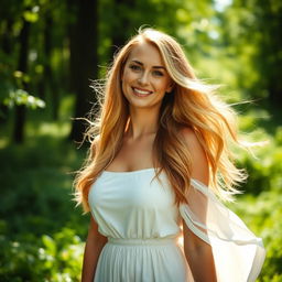 A confident German woman embracing her natural beauty in an outdoor setting