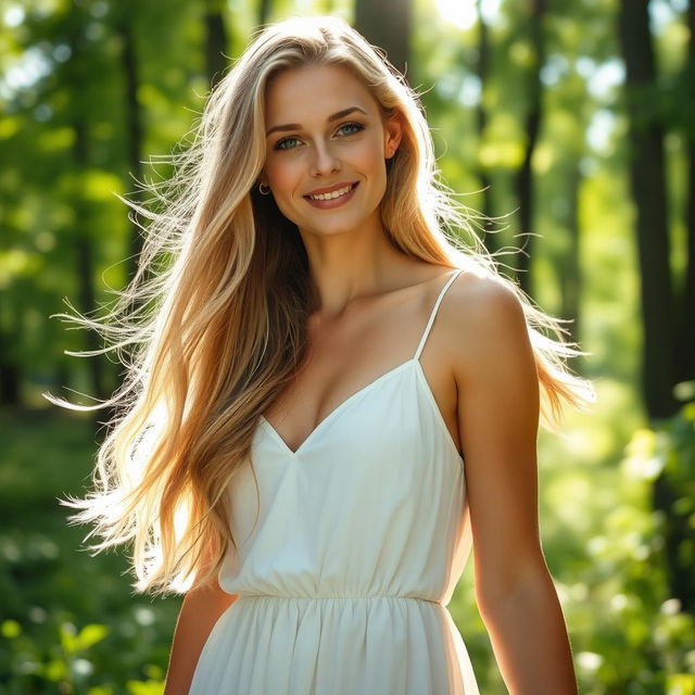 A confident German woman embracing her natural beauty in an outdoor setting