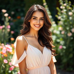 A confident French woman embracing her natural beauty in an outdoor setting