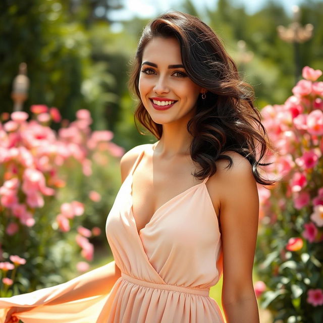 A confident French woman embracing her natural beauty in an outdoor setting