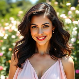 A confident French woman embracing her natural beauty in an outdoor setting