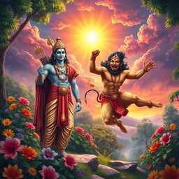 A celestial scene depicting Lord Ram and Lord Hanuman together in a lush, vibrant forest