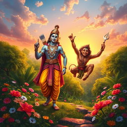 A celestial scene depicting Lord Ram and Lord Hanuman together in a lush, vibrant forest