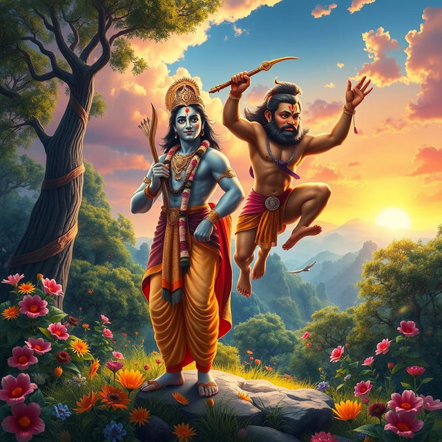 A celestial scene depicting Lord Ram and Lord Hanuman together in a lush, vibrant forest