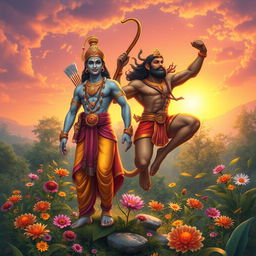 A celestial scene depicting Lord Ram and Lord Hanuman together in a lush, vibrant forest