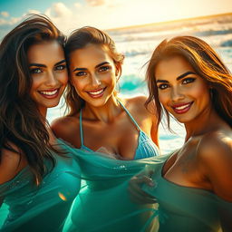 A captivating scene showcasing three beautiful women exuding confidence, each with alluring features and a striking presence