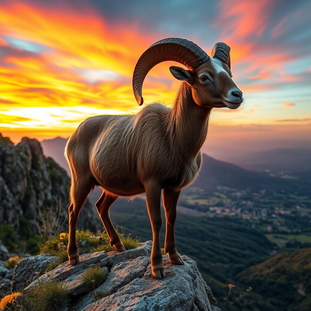 A majestic ram standing proudly on a rocky cliff, showcasing its impressive curved horns and thick fur coat