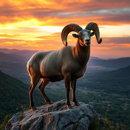 A majestic ram standing proudly on a rocky cliff, showcasing its impressive curved horns and thick fur coat