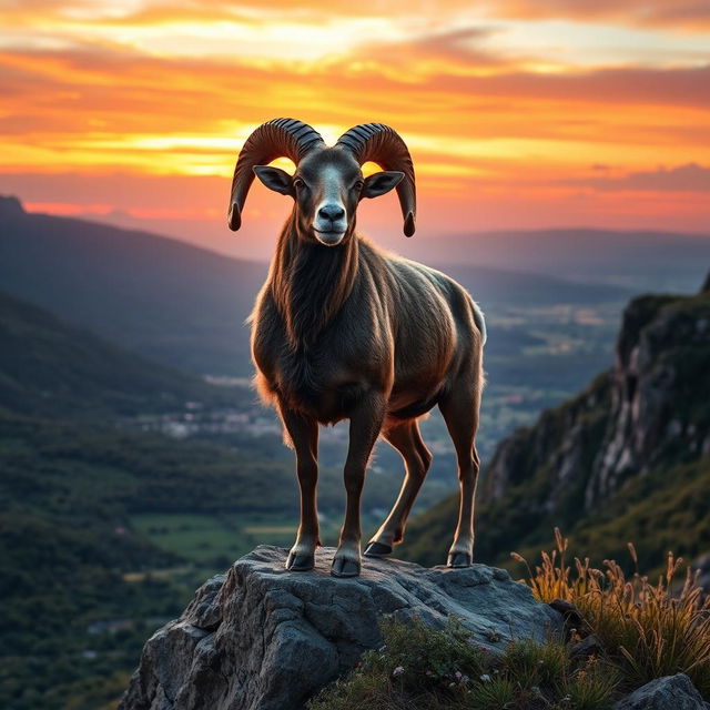 A majestic ram standing proudly on a rocky cliff, showcasing its impressive curved horns and thick fur coat