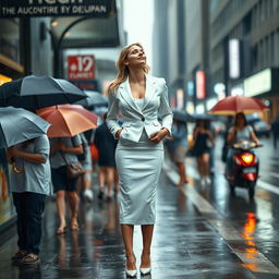 A beautiful, voluptuous 19-year-old blond girl stands on a busy street sidewalk during a heavy rain, where everyone else is sheltered under umbrellas except her