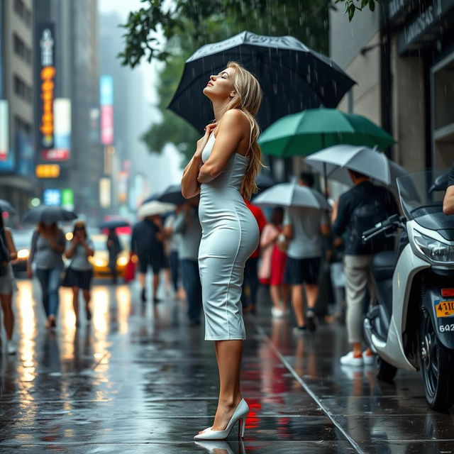 A beautiful, voluptuous 19-year-old blond girl stands on a busy street sidewalk during a heavy rain, where everyone else is sheltered under umbrellas except her