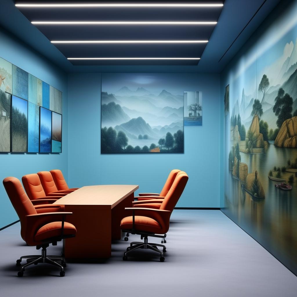 Rework the design to portray a boss's office rather than a meeting hall using Nepali thematics. Include a commanding desk-chair setup, fewer seats, more wall pictures and a small sofa. Keep the light-blue color scheme with its tints and tones.