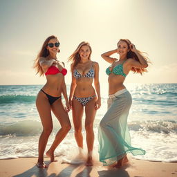 A stunning beach scene featuring three beautiful women, each radiating confidence and allure