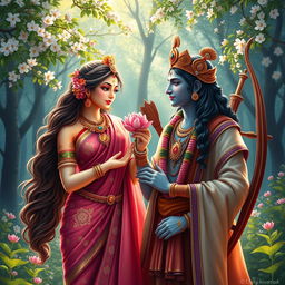 A vivid depiction of the Hindu deities Sita and Ram, showcasing their divine and serene presence
