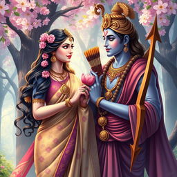 A vivid depiction of the Hindu deities Sita and Ram, showcasing their divine and serene presence