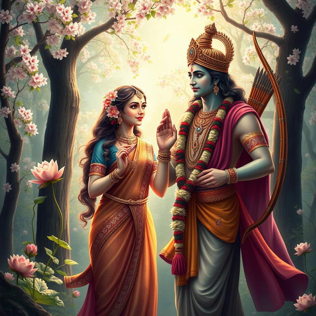 A vivid depiction of the Hindu deities Sita and Ram, showcasing their divine and serene presence