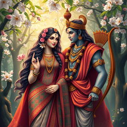 A vivid depiction of the Hindu deities Sita and Ram, showcasing their divine and serene presence