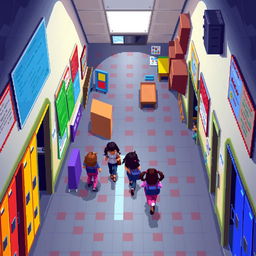 An RPG pixel art map depicting a school hallway from an overhead (top-down) view