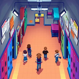 An RPG pixel art map depicting a school hallway from an overhead (top-down) view
