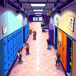 An RPG pixel art map depicting a school hallway from an overhead (top-down) view