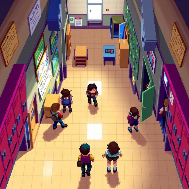 An RPG pixel art map depicting a school hallway from an overhead (top-down) view