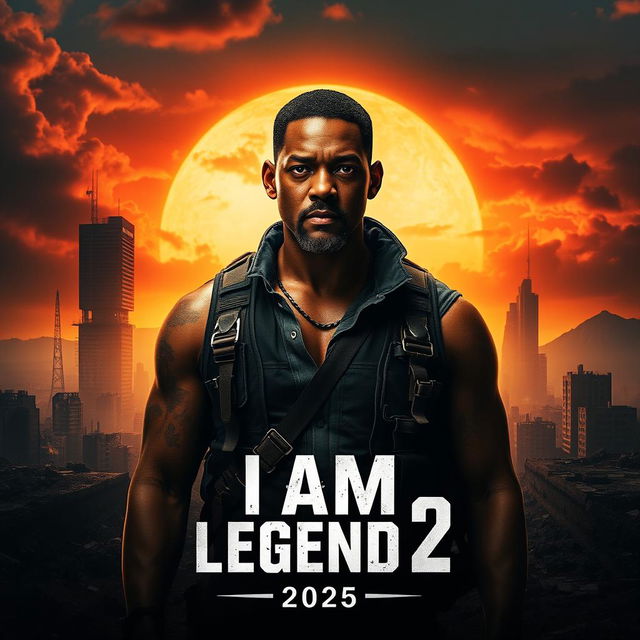 A striking cinematic poster for 'I AM LEGEND 2', featuring Will Smith as a gritty survivor