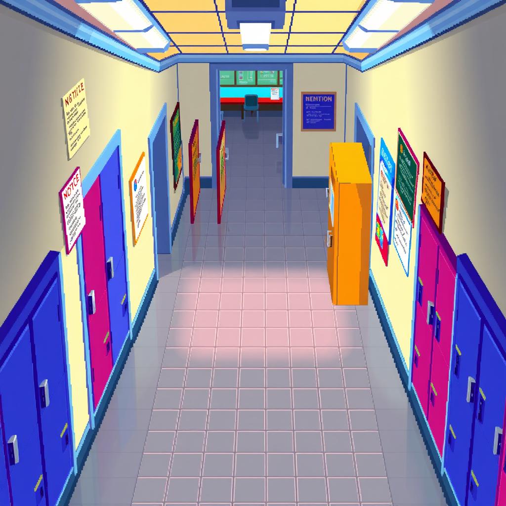 An RPG pixel art map depicting a school hallway from an overhead (top-down) view