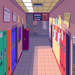 An RPG pixel art map depicting a school hallway from an overhead (top-down) view