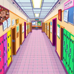 An RPG pixel art map depicting a school hallway from an overhead (top-down) view