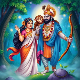 A vibrant and detailed illustration featuring Sita, Ram, and Hanuman in a divine setting
