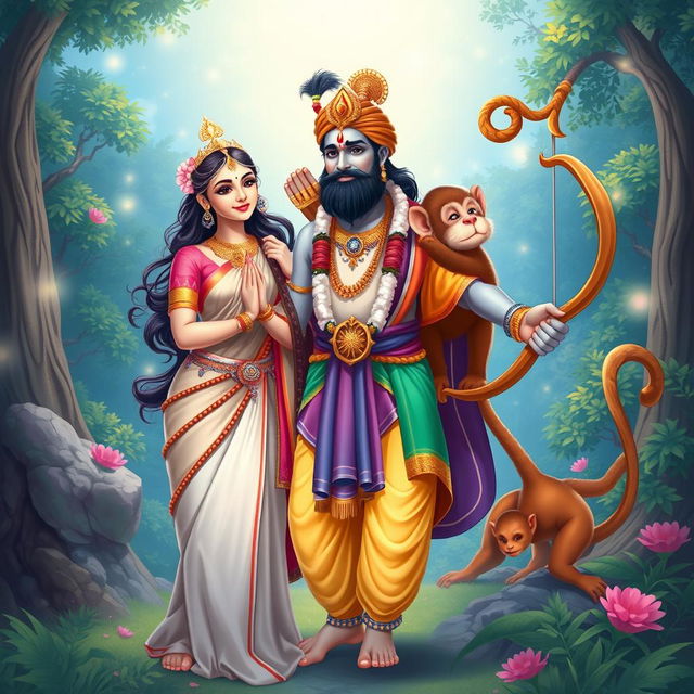 A vibrant and detailed illustration featuring Sita, Ram, and Hanuman in a divine setting