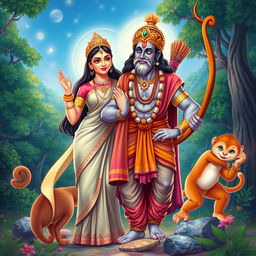A vibrant and detailed illustration featuring Sita, Ram, and Hanuman in a divine setting