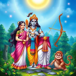 A vibrant and detailed illustration featuring Sita, Ram, and Hanuman in a divine setting