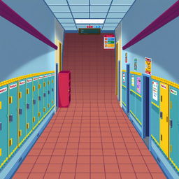 An RPG pixel art map depicting a school hallway from an overhead (top-down) view, presented in a horizontal layout