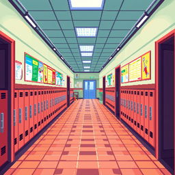 An RPG pixel art map depicting a school hallway from an overhead (top-down) view, presented in a horizontal orientation
